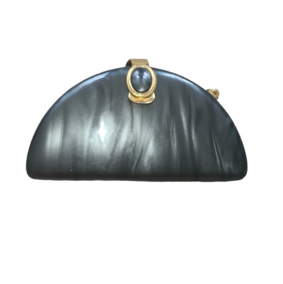 NWT new Vintage Stephanie Gold & green hardshell clutch evening Bag metal chain - Picture 1 of 12